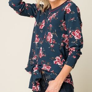 Teal & Dusty Rose Floral Tie-Front Top